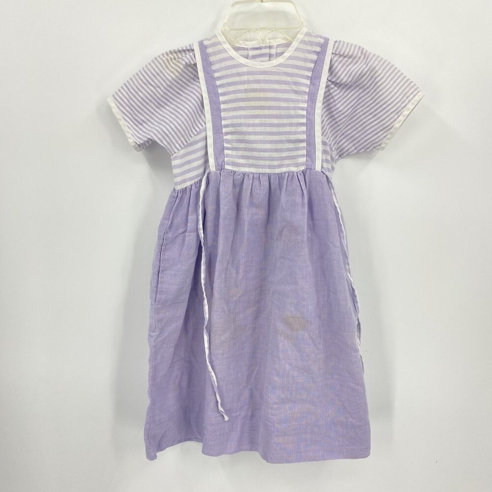 Petite Gamine Vintage Girls Dress Purple White Stripe Faux Apron Cottagecore 6